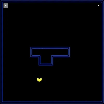 Figure 1. The Pac-man is following a deceptive path planned by a Q-learning agent. The food dot at the top left corner is the real goal, the food dot at the top right corner is a dummy goal.